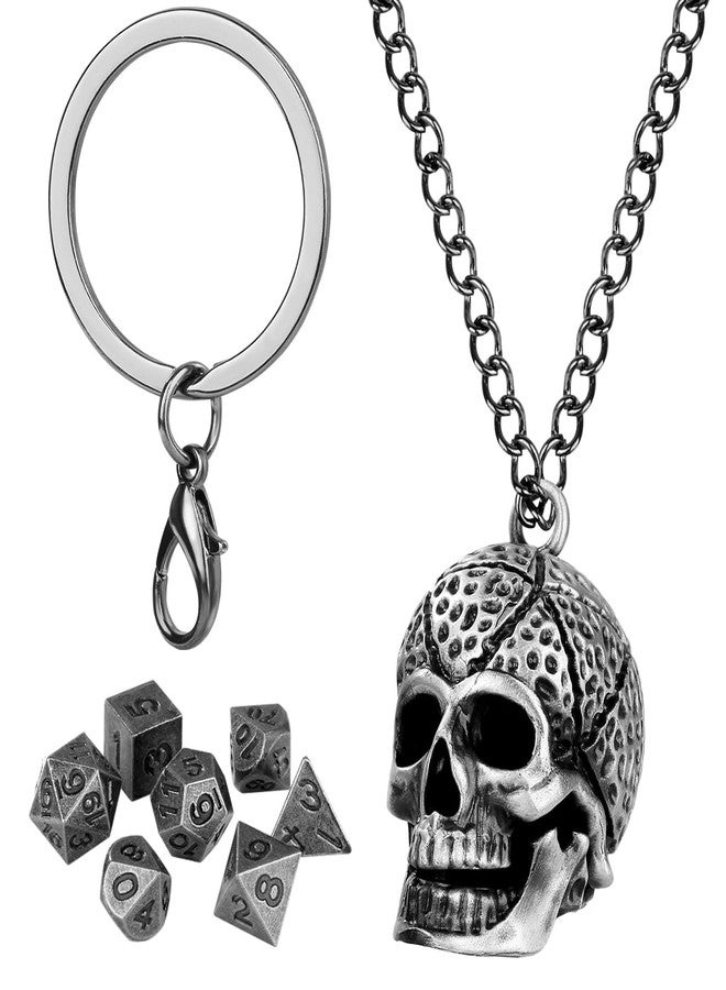 Keller & Weber Mini DND Dice Set with Skull Head Metal Cage Portable Keychain Necklace, Tiny 7pcs Polyhedral D&D Dice Set, DND Gifts with Gift Box, Role Playing Board Games Accessories, Silver, Dark Silver - Image 1
